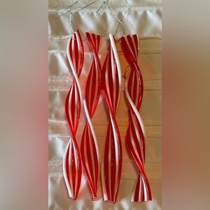 4 Ribbon Candy Christmas Tree Ornaments Red White w/hangers. Hard plastic.